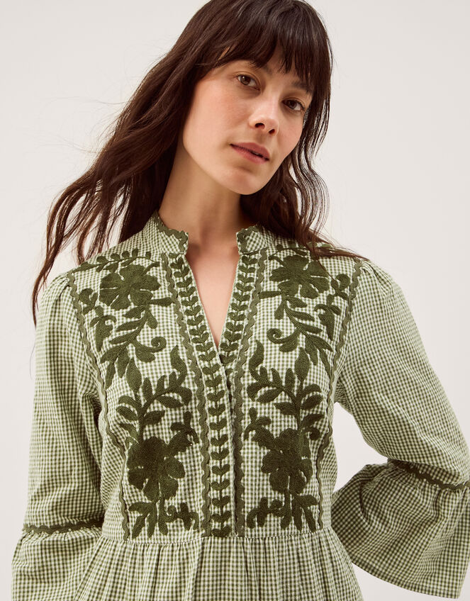 Gaia Embroidered Gingham Midi Dress, Green (GREEN), large