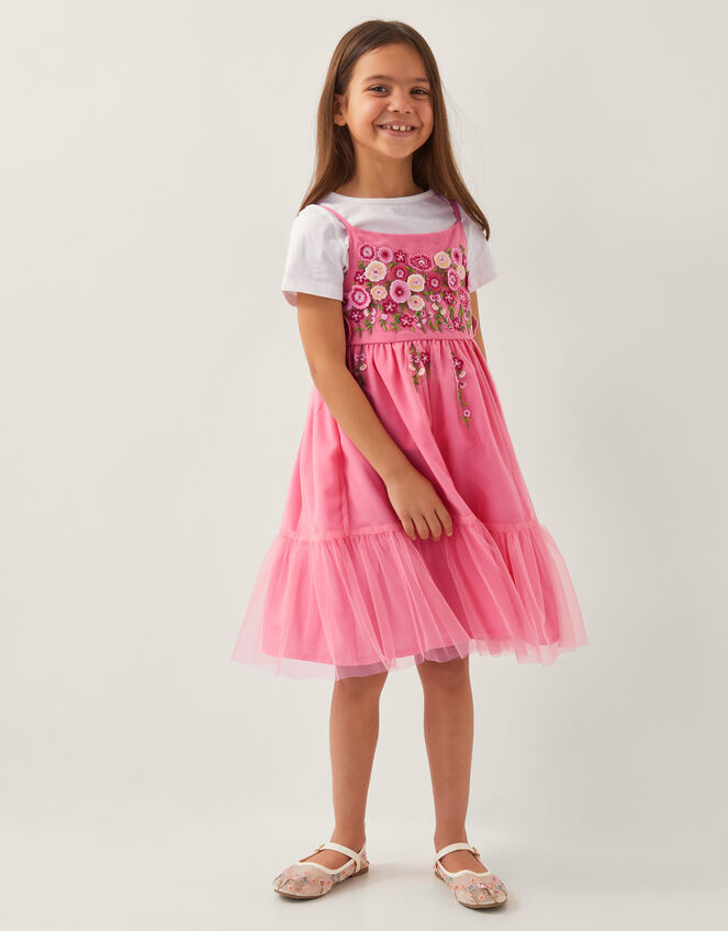Floral Embroidered Tulle Dress and T-Shirt Set, Pink (PINK), large