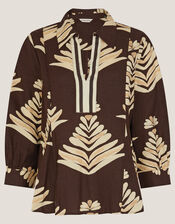 Pamela Linen Blend Leaf Print Top, Brown (CHOCOLATE), large