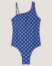 One Shoulder Block Print Swimsuit, Blue (NAVY), large