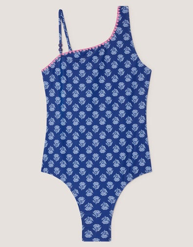 One Shoulder Block Print Swimsuit, Blue (NAVY), large