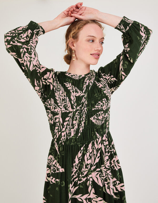Leilani Shirred Print Midi Dress, Green (KHAKI), large