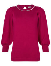 Crystal Neckline Jumper with Sustainable Viscose, Red (BERRY), large