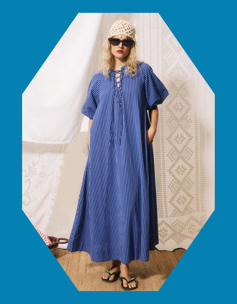 FRNCH Assunta Puff Sleeve Stripe Maxi Dress, Blue (BLUE), large