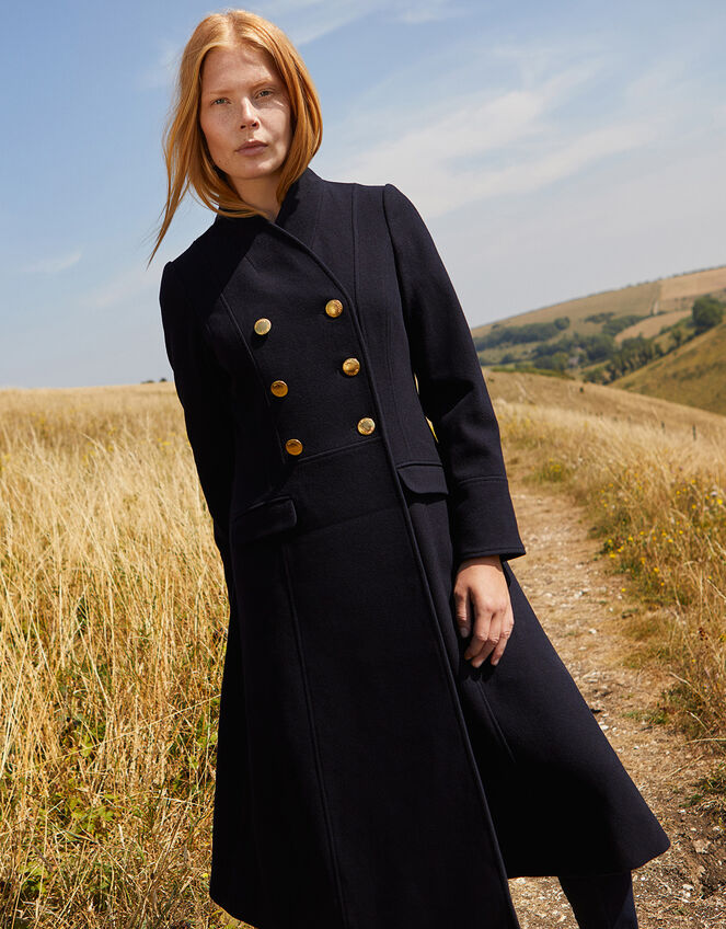 Rosaline Long Military Coat in Wool Blend, Blue (NAVY), large