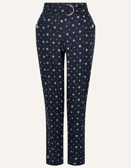 Dolly Printed Trousers in Pure Linen, Blue (NAVY), large