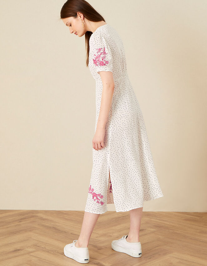 Embroidered Spot Button Midi Dress , Ivory (IVORY), large