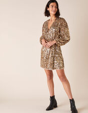 Jennifer Sequin Stretch Wrap Dress, Gold (GOLD), large