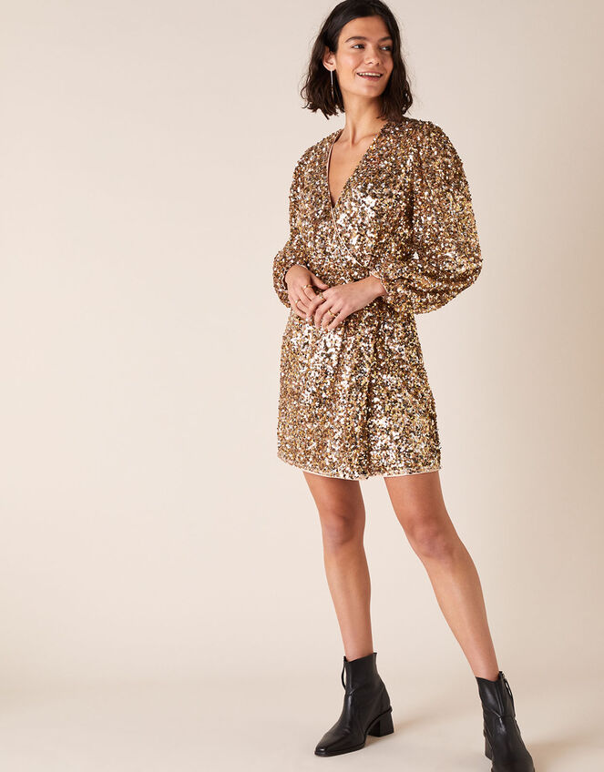 Jennifer Sequin Stretch Wrap Dress, Gold (GOLD), large