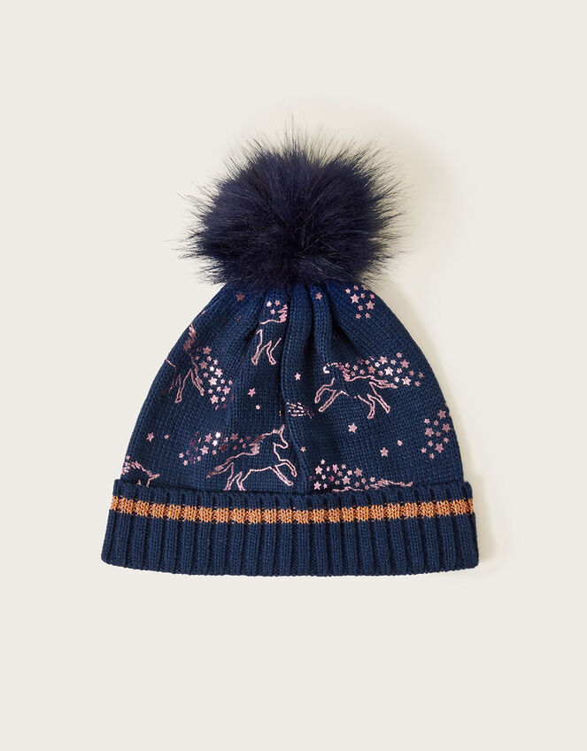 Rainbow Foil Print Beanie Hat, Blue (NAVY), large
