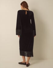 Tara Long Sleeve Fringe Velvet Midi Dress, Black (BLACK), large
