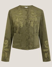 Ari Embroidered Suedette Jacket, Green (KHAKI), large