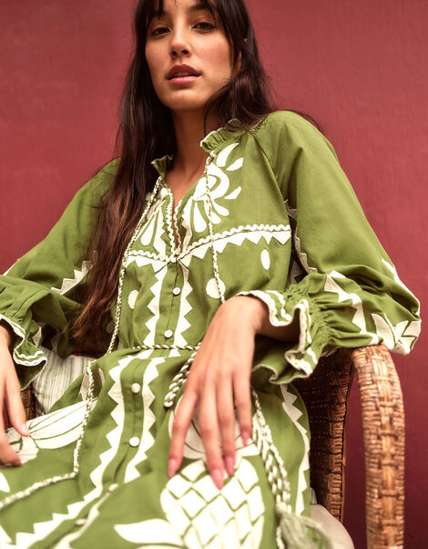 Embroidered Pineapple Applique Dress in Linen Blend, Green (GREEN), large