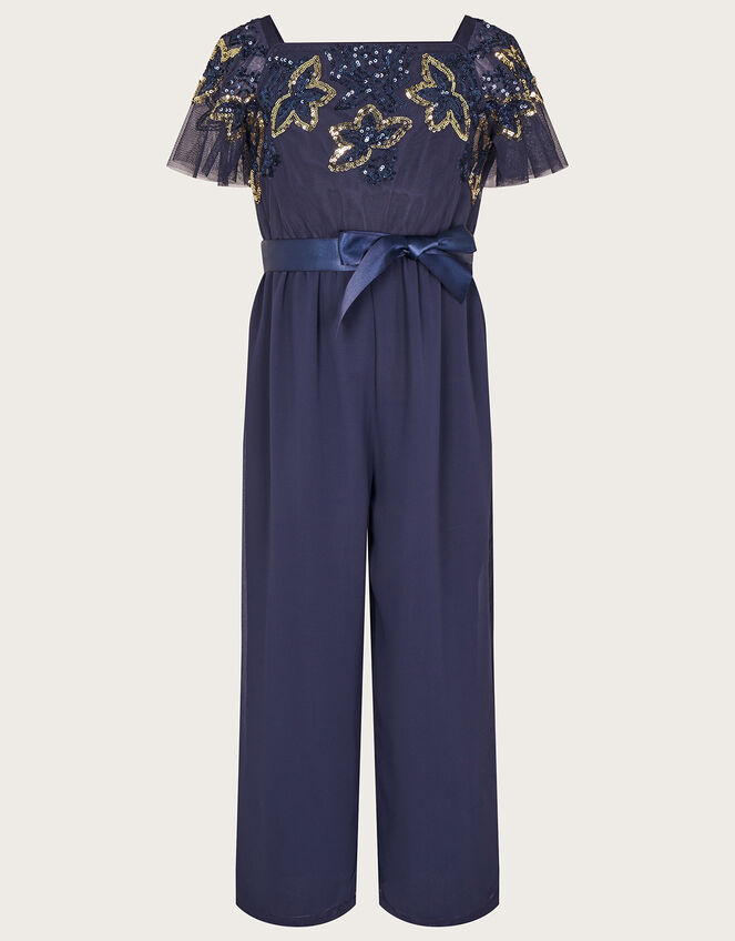 Nola Embellished Flutter Sleeve Sequin Jumpsuit, Blue (NAVY), large