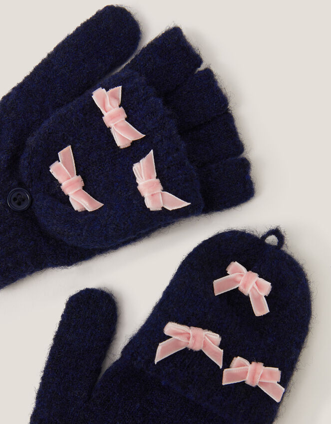 Bow Fingerless Gloves with Mittens, Blue (NAVY), large