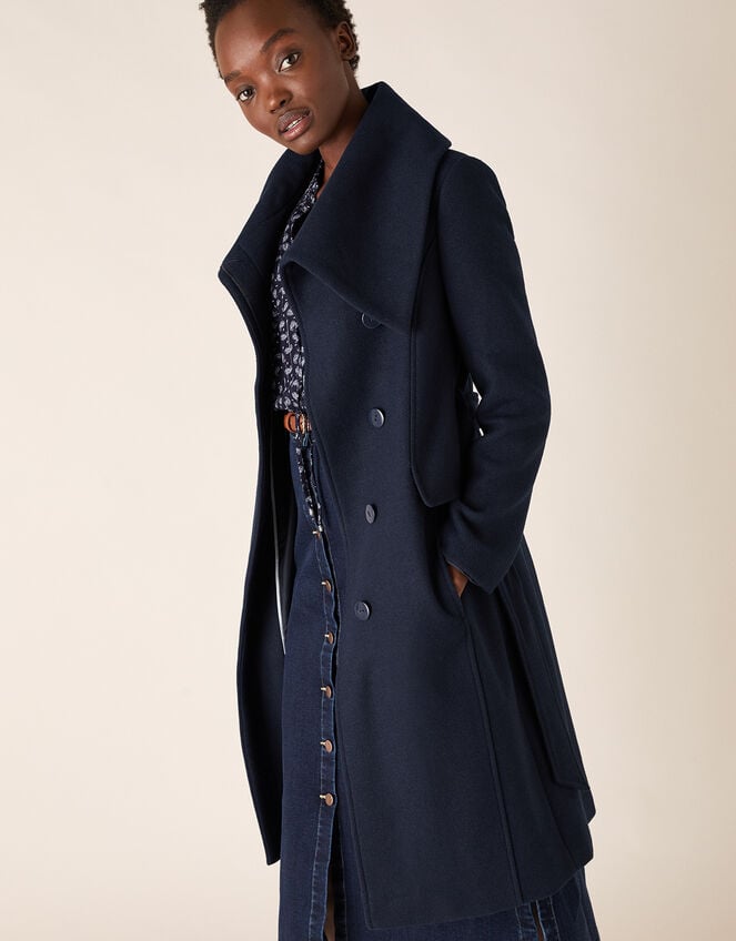 Keryn Wrap Collar Belted Coat, Blue (NAVY), large