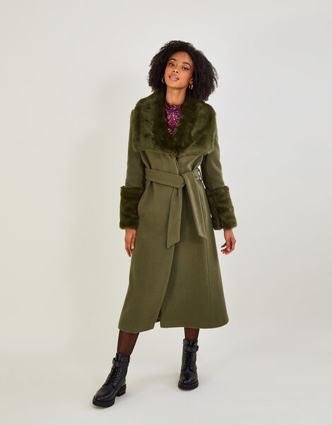 Sadie Faux Fur Trim Wrap Coat Green, Green (GREEN), large