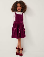 Broderie Top & Bow Velvet Pinafore Dress Set, Red (BURGUNDY), large