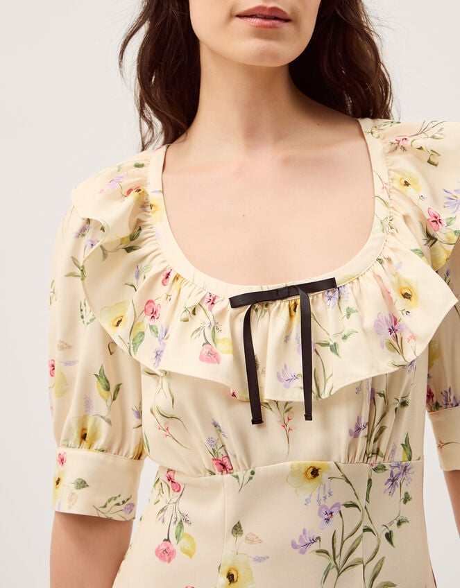 Sienna Frill Neck Floral Print Midi Dress, Ivory (IVORY), large