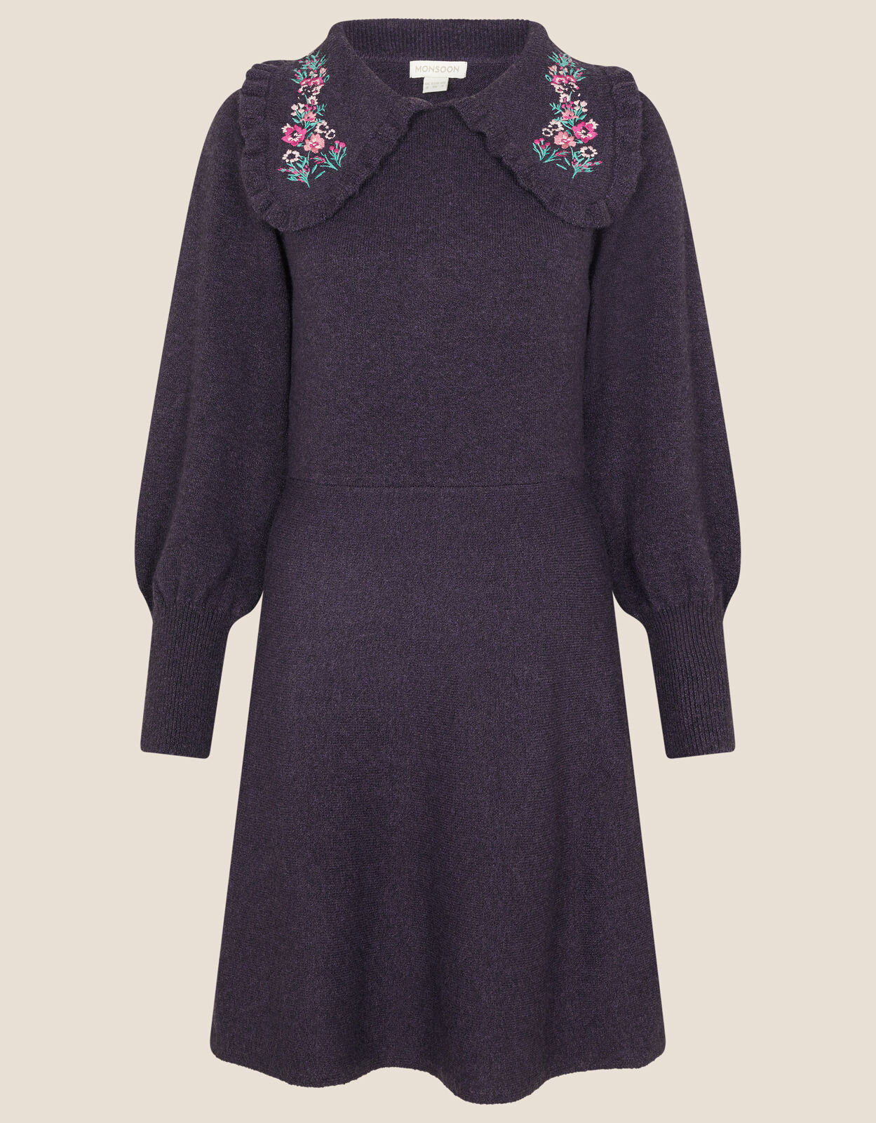 Embroidered Collar Fit and Flare Knit Dress Purple Day Dresses
