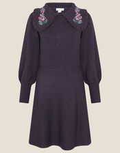 Embroidered Collar Fit and Flare Knit Dress, Purple (PURPLE), large