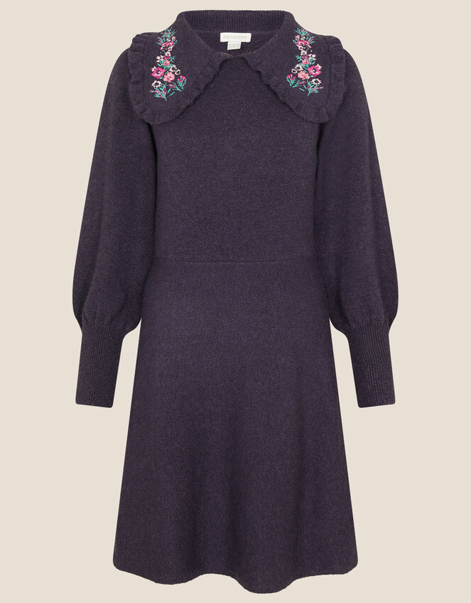 Embroidered Collar Fit and Flare Knit Dress, Purple (PURPLE), large