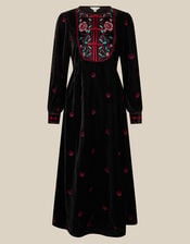 Agnes Long Sleeve Embroidered Velvet Midi Dress, Black (BLACK), large