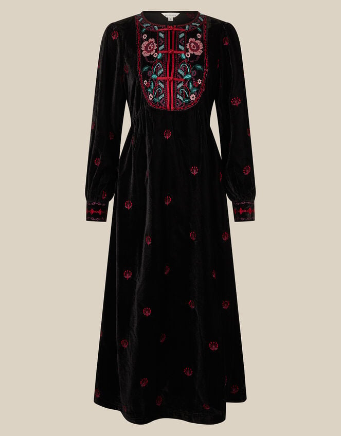 Agnes Long Sleeve Embroidered Velvet Midi Dress, Black (BLACK), large