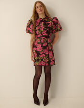 Monsoon x Queens of Archive Dionne Puff Sleeve Floral Jacquard Mini Dress​, Pink (PINK), large