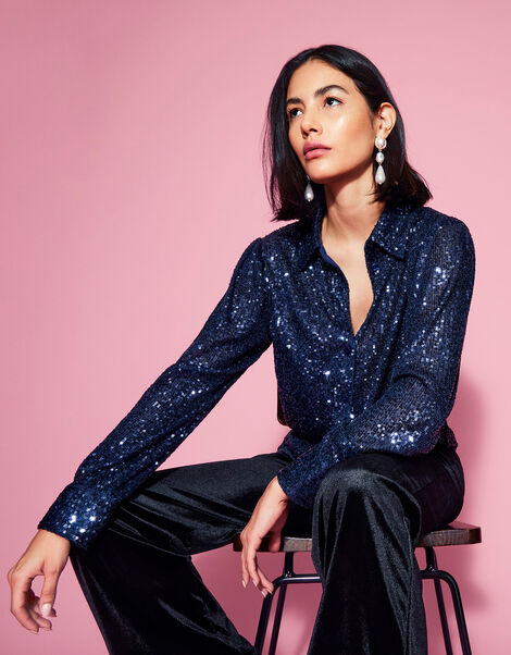 Megan Sequin Shirt, Navy (PURPLE), large