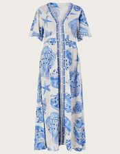 Shell Print Maxi Kaftan Dress in Linen Blend, Ivory (IVORY), large
