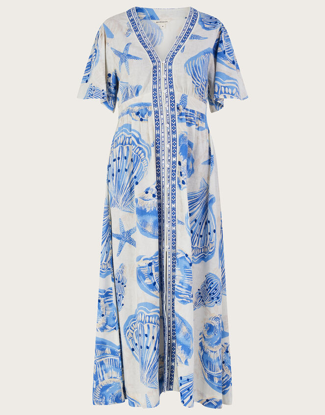 Shell Print Maxi Kaftan Dress in Linen Blend, Ivory (IVORY), large