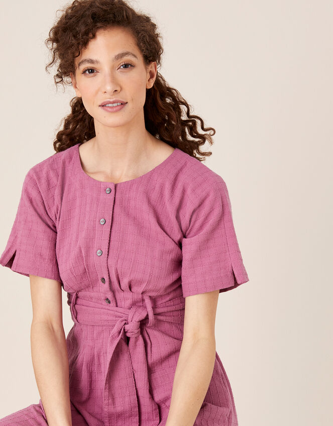 Crosshatch Midi Dress in Pure Cotton, Pink (PINK), large