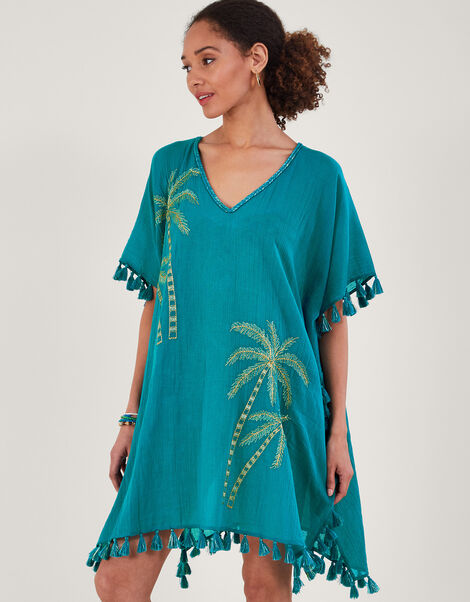 Palm Tree Embroidered Kaftan, Blue (TURQUOISE), large