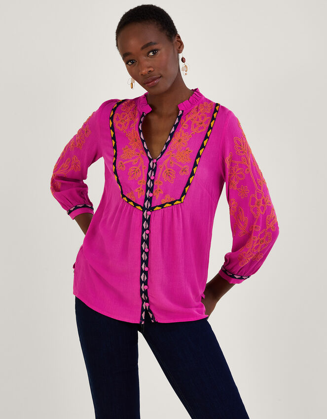 Embroidered Smock Top in LENZING™ ECOVERO™, Pink (PINK), large