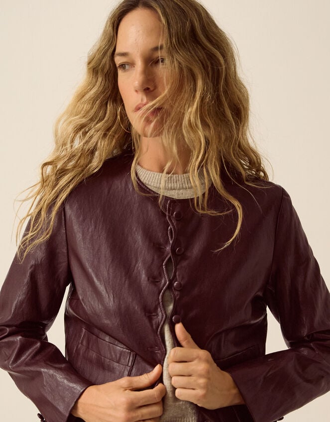 Penelope Scallop Faux Leather Jacket, Brown (CHOCOLATE), large