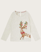 Sequin Reindeer Long Sleeve Top in Sustainable Cotton, Ivory (IVORY), large