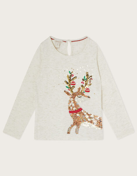 Sequin Reindeer Long Sleeve Top in Sustainable Cotton Ivory, Ivory (IVORY), large