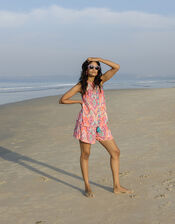 Ikat Print Tape Trim Shorts in LENZING™ ECOVERO™, Orange (CORAL), large