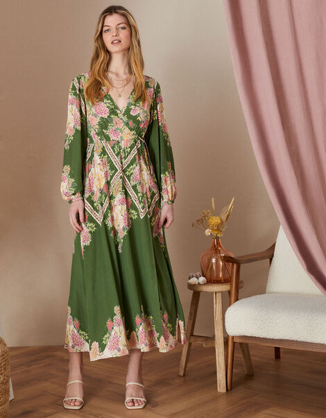 Sophia Scarf Print Midi Dress in Sustainable Viscose Green, Green (GREEN), large