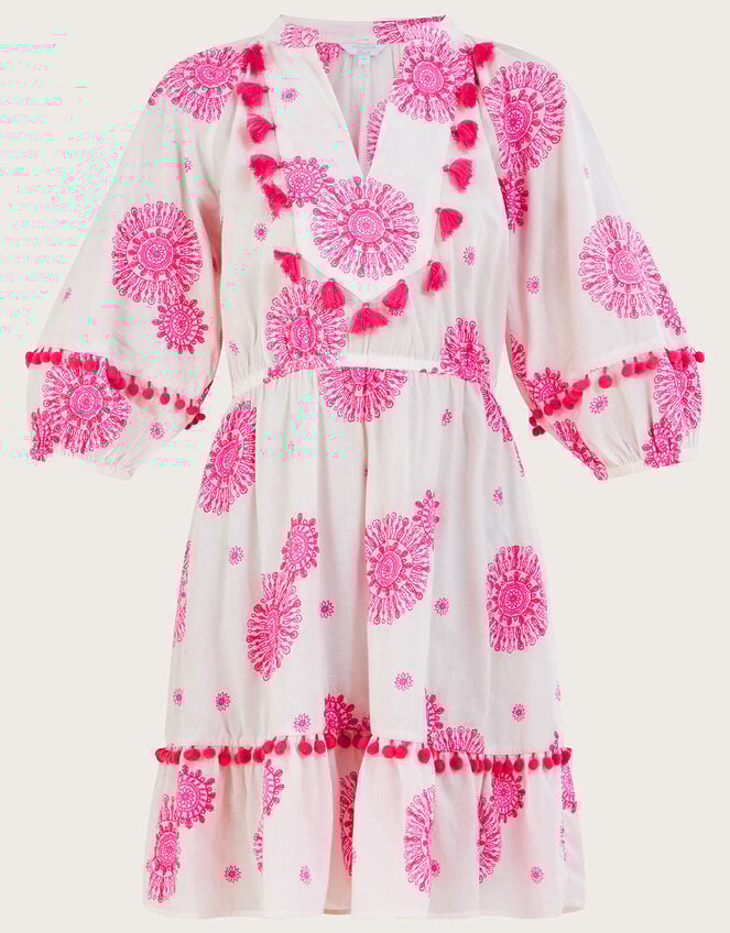 Tassel Embellished Medallion Print Kaftan Dress, White (WHITE), large