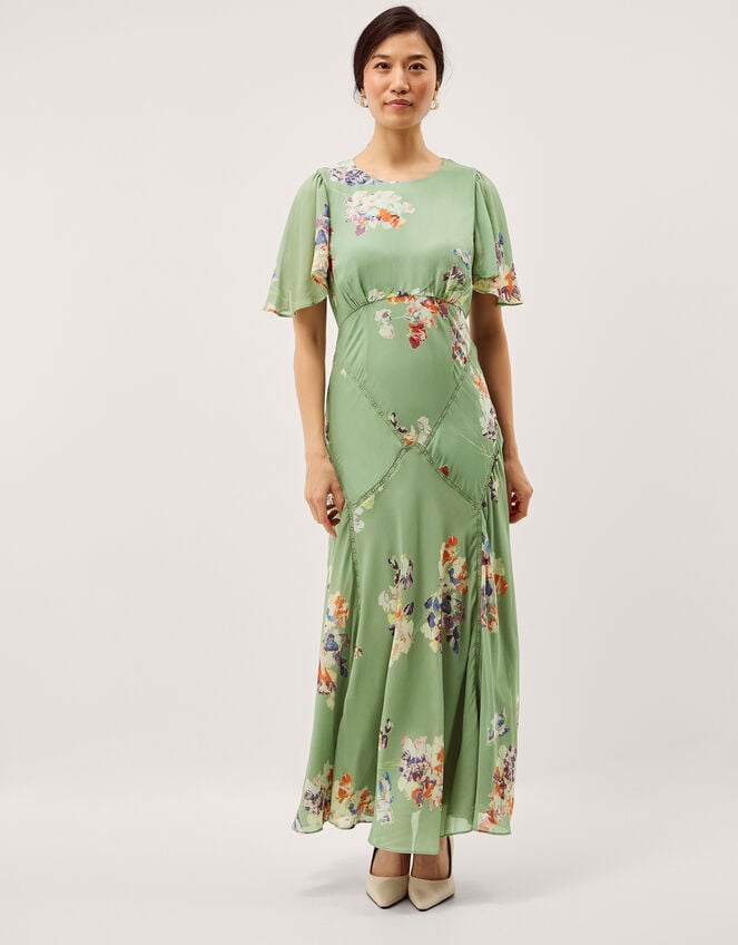 Amber Flutter Floral Print Maxi Dress, Green (GREEN), large