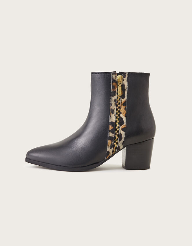 Leather Animal Trim Ankle Boots, Black (BLACK), large