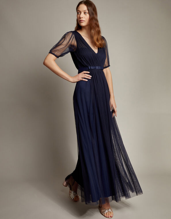Ellie Sheer Sleeve Plunge Tulle Maxi Dress, Blue (NAVY), large