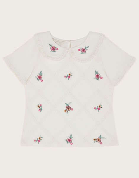 Floral Embroidered Collar T-Shirt, Ivory (IVORY), large