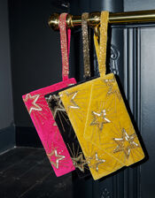 Star Embellished Velvet Clutch Bag, , large