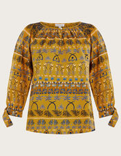 All-Over Leaf Print Smock Jersey Top, Yellow (OCHRE), large