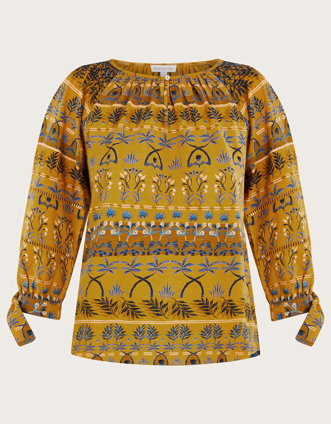 All-Over Leaf Print Smock Jersey Top, Yellow (OCHRE), large