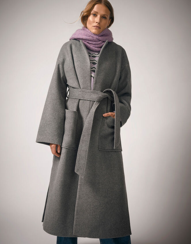 Cassie Long Belted Coat, Gray (GREY), large