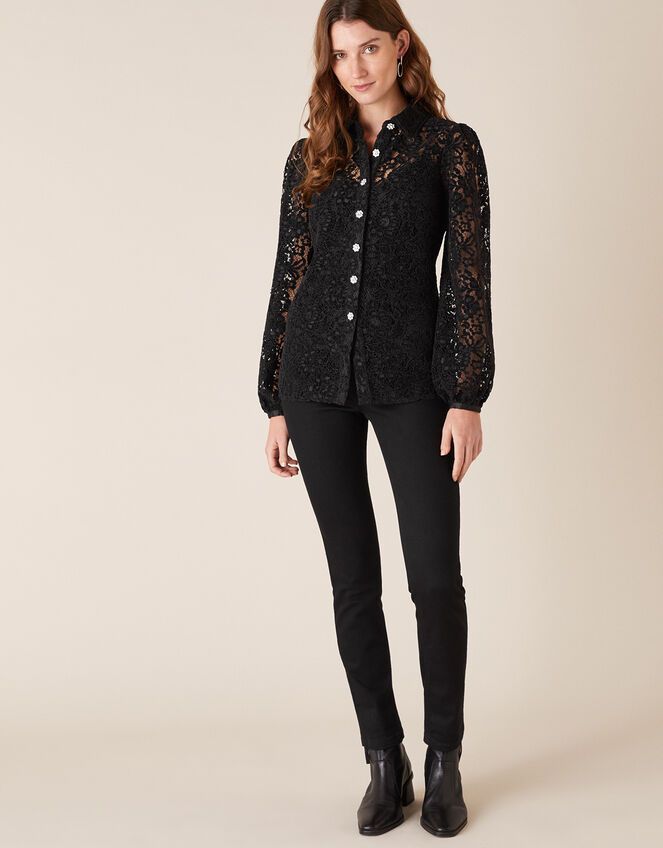 Francesca Floral Lace Shirt, Black (BLACK), large